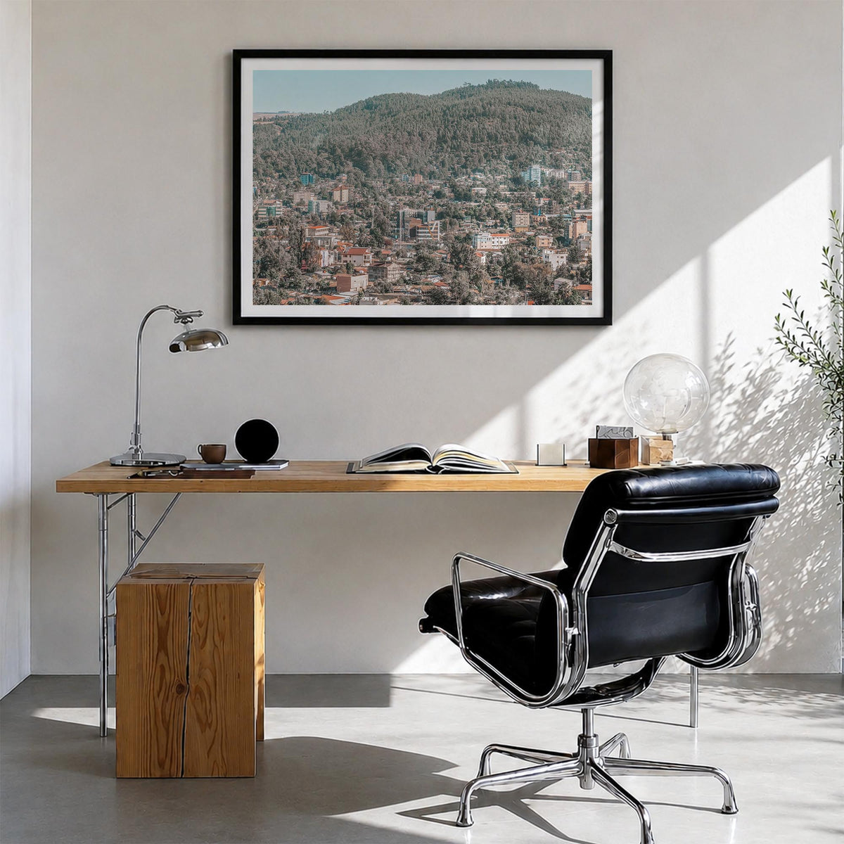 Addis Ababa colorful photo poster of Ethiopia – horizontal wall art in black wood frame with white border, hanging on wall