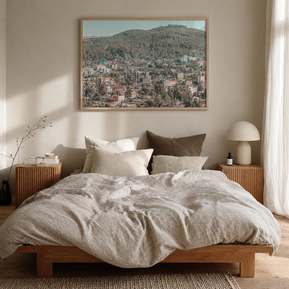 Addis Ababa colorful photo poster of Ethiopia – horizontal wall art in natural wood frame, hanging on wall