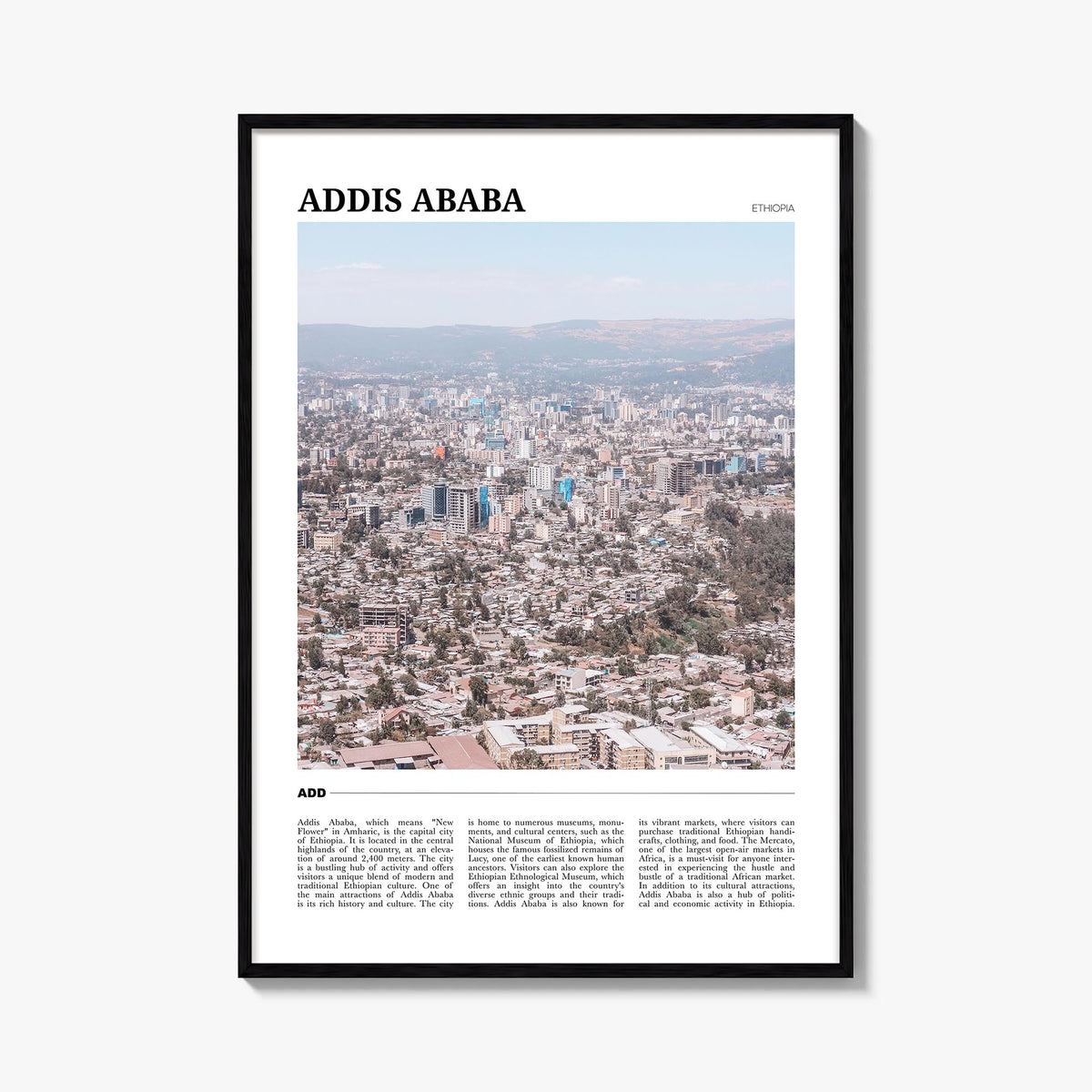 Addis Ababa colorful travel poster of Ethiopia – vertical wall art, unframed print shown in interior mockup