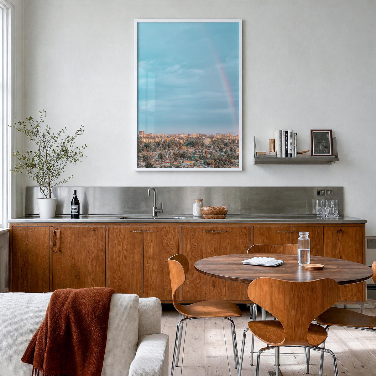 Addis Ababa no. 1 colorful photo poster of Ethiopia – vertical wall art in white wood frame, hanging on wall
