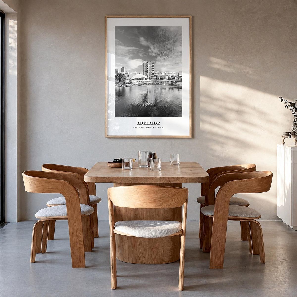 Adelaide black & white classic poster of South Australia, Australia – vertical wall art in natural wood frame, hanging on wal