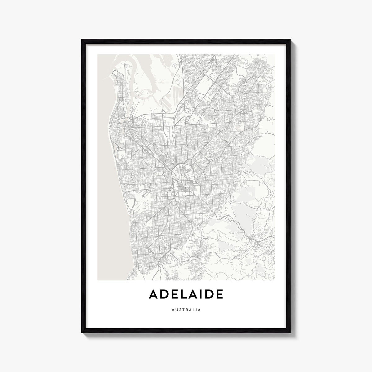 Adelaide black & white map poster of South Australia, Australia – vertical wall art, unframed print shown in interior mockup