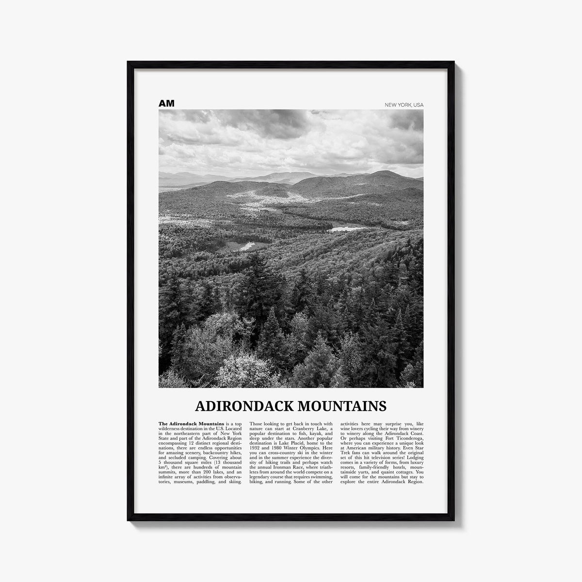 Adirondack Mountains black & white newspaper poster of New York, USA – vertical wall art, unframed print shown in interior mo