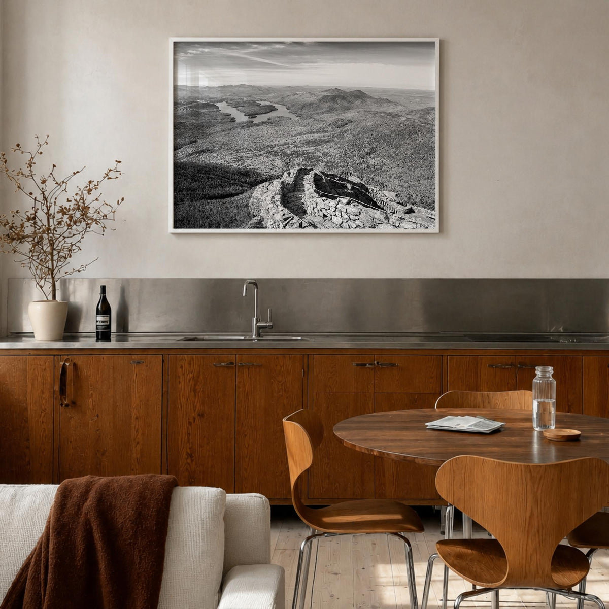 Adirondack Mountains black & white photo poster of New York, USA – horizontal wall art in white wood frame, hanging on wall
