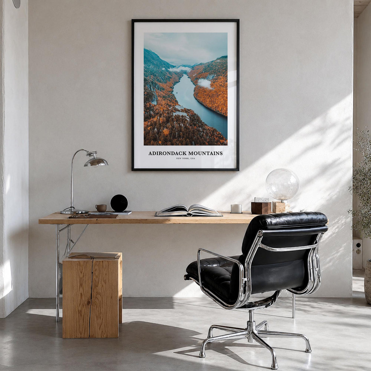 Adirondack Mountains colorful classic poster of New York, USA – vertical wall art in black wood frame, hanging on wall