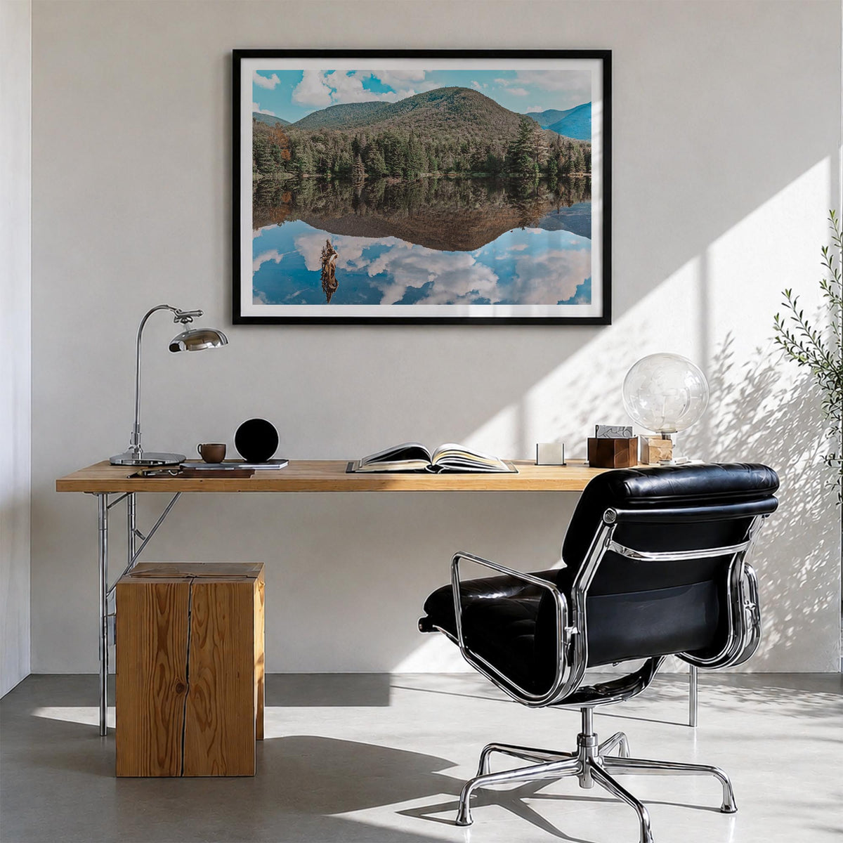 Adirondack Mountains colorful photo poster of New York, USA – horizontal wall art in black wood frame with white border, hang