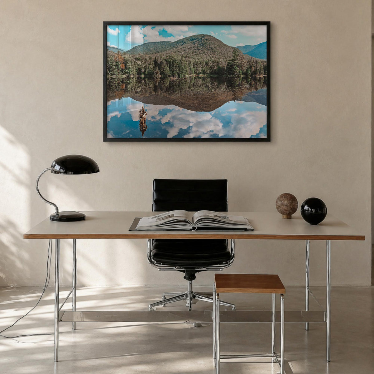 Adirondack Mountains colorful photo poster of New York, USA – horizontal wall art in black wood frame, hanging on wall