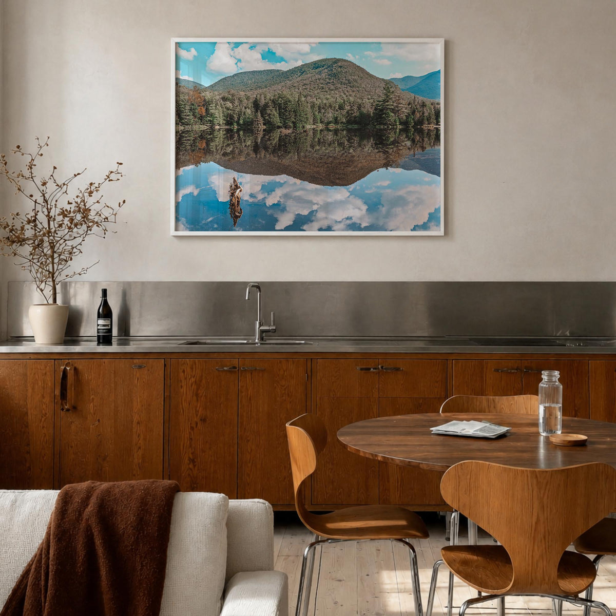 Adirondack Mountains colorful photo poster of New York, USA – horizontal wall art in white wood frame, hanging on wall
