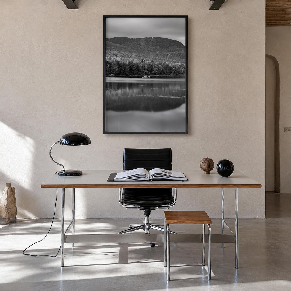 Adirondack Mountains no. 1 black & white photo poster of New York, USA – vertical wall art in black wood frame, hanging on wa
