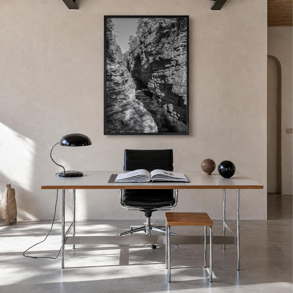 Adirondack Mountains no. 2 black & white photo poster of New York, USA – vertical wall art in black wood frame, hanging on wa