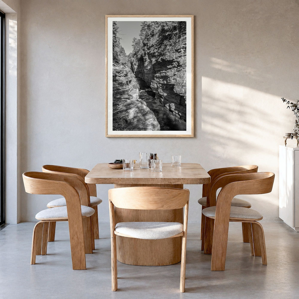 Adirondack Mountains Photo No 2 Poster in a natural wood frame, hanging in a dining room, white border