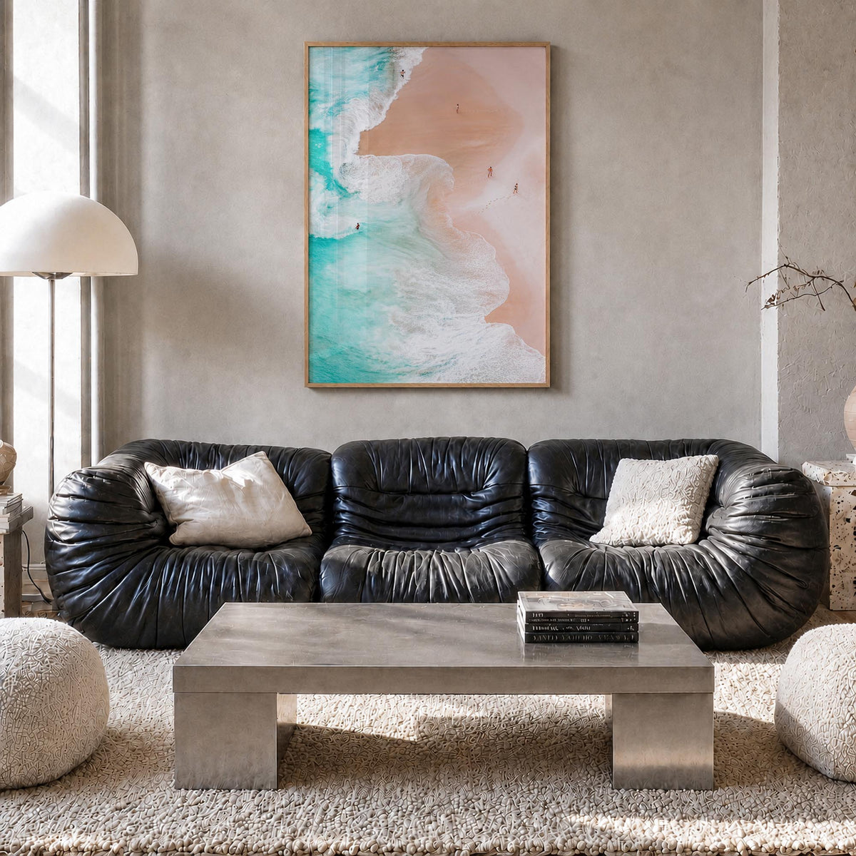 Aerial Beach Waves no. 1 colorful photo poster – vertical wall art in natural wood frame, hanging on wall