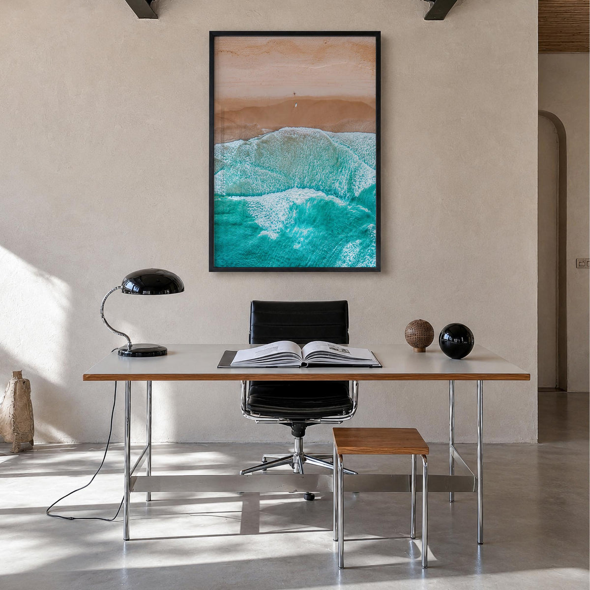 Aerial Beach Waves no. 2 colorful photo poster – vertical wall art in black wood frame, hanging on wall