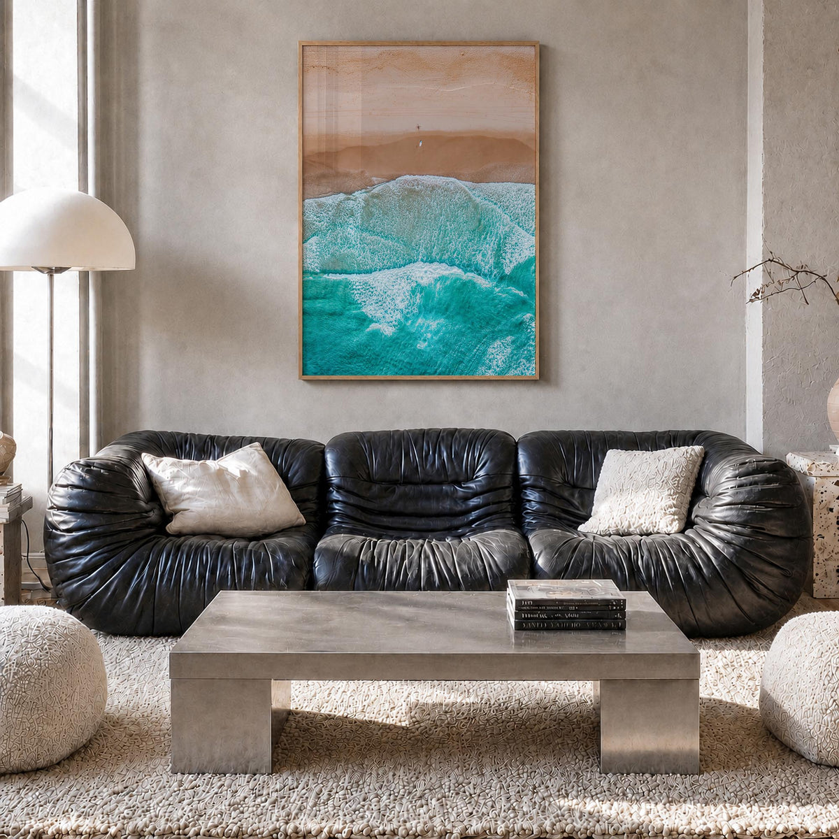 Aerial Beach Waves no. 2 colorful photo poster – vertical wall art in natural wood frame, hanging on wall
