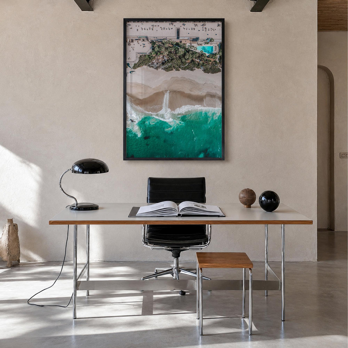 Aerial Beach Waves no. 3 colorful photo poster – vertical wall art in black wood frame, hanging on wall