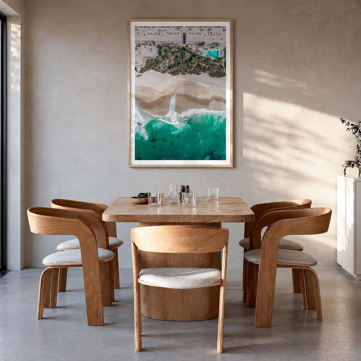 Aerial Beach Waves no. 3 colorful photo poster – vertical wall art in natural wood frame with white border, hanging on wall