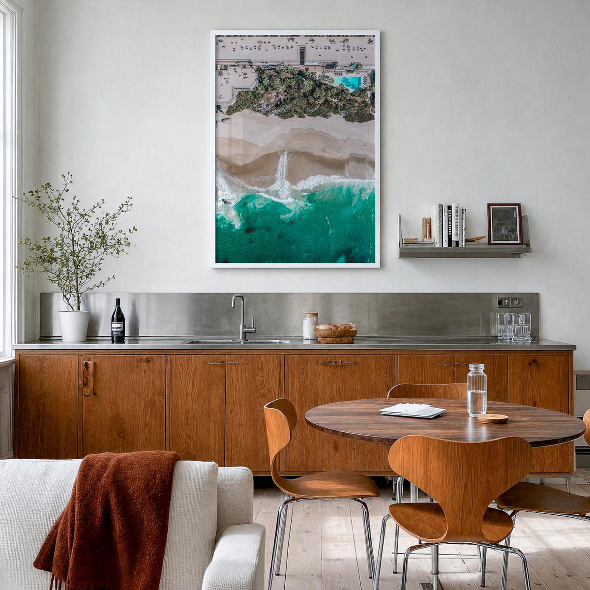 Aerial Beach Waves no. 3 colorful photo poster – vertical wall art in white wood frame, hanging on wall