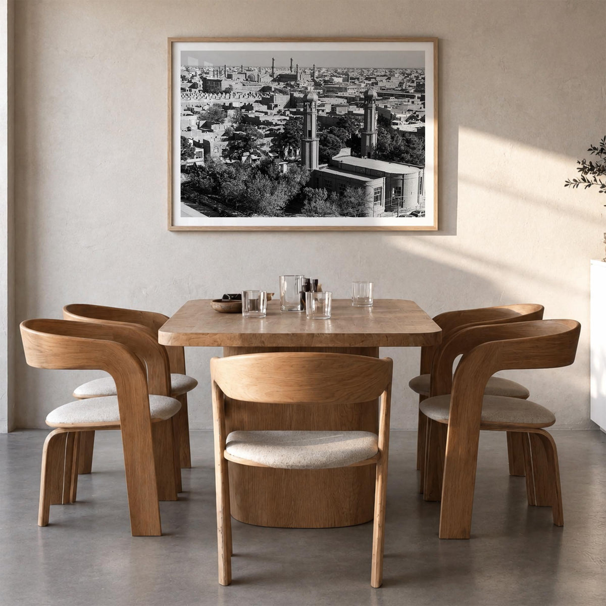 Afghanistan black & white photo poster of Asia – horizontal wall art in natural wood frame with white border, hanging on wall