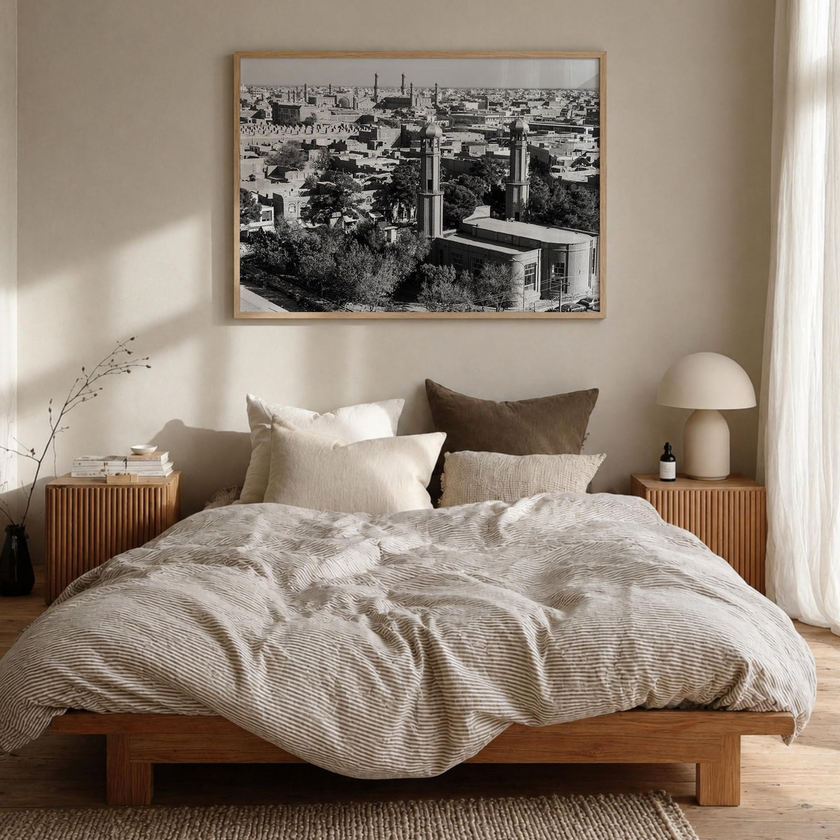 Afghanistan black & white photo poster of Asia – horizontal wall art in natural wood frame, hanging on wall