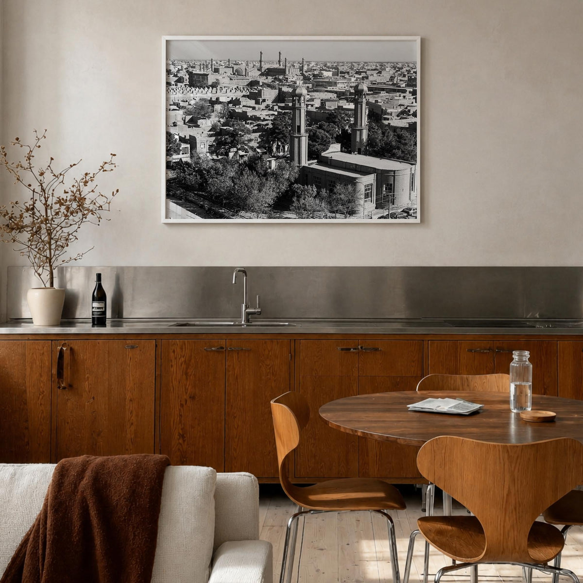 Afghanistan black & white photo poster of Asia – horizontal wall art in white wood frame, hanging on wall