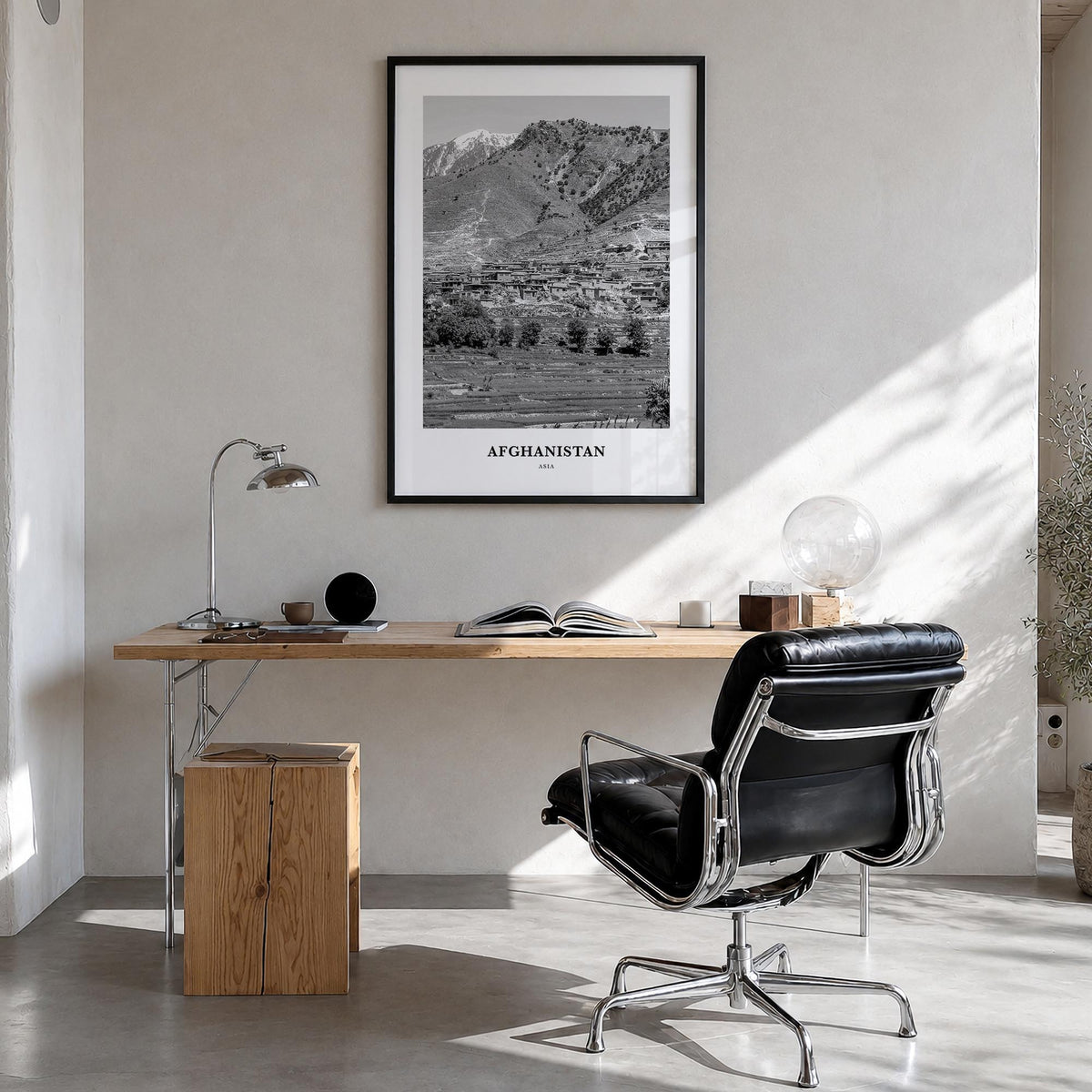 Afghanistan no. 2 black & white classic poster of Asia – vertical wall art in black wood frame, hanging on wall