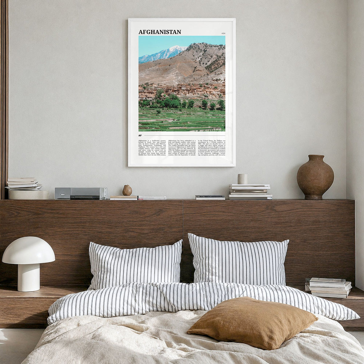 Afghanistan Travel Poster in a white wood frame, hanging in a bedroom