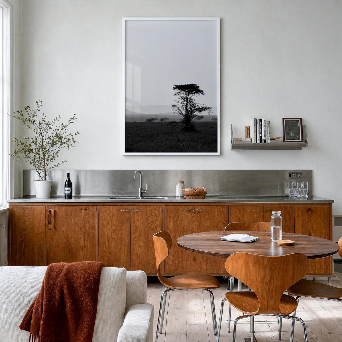 Africa black & white photo poster of World – vertical wall art in white wood frame, hanging on wall