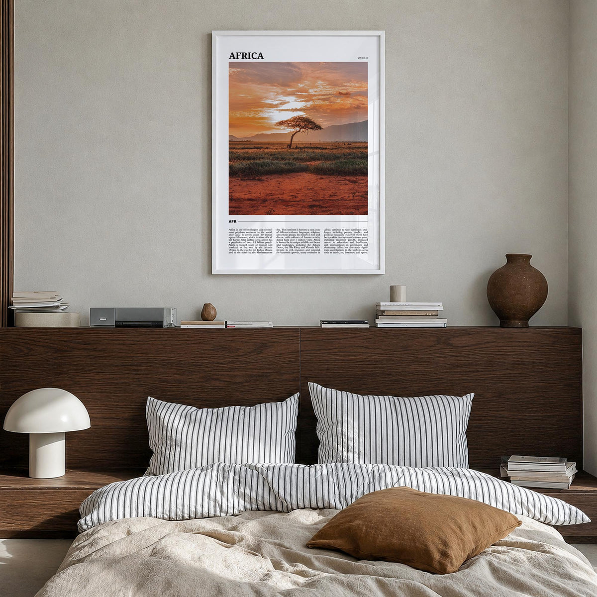 Africa colorful travel poster of World – vertical wall art in white wood frame, hanging on wall