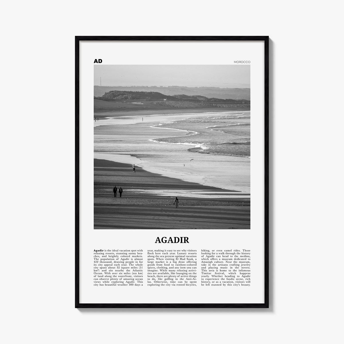 Agadir black & white newspaper poster of Morocco – vertical wall art, unframed print shown in interior mockup
