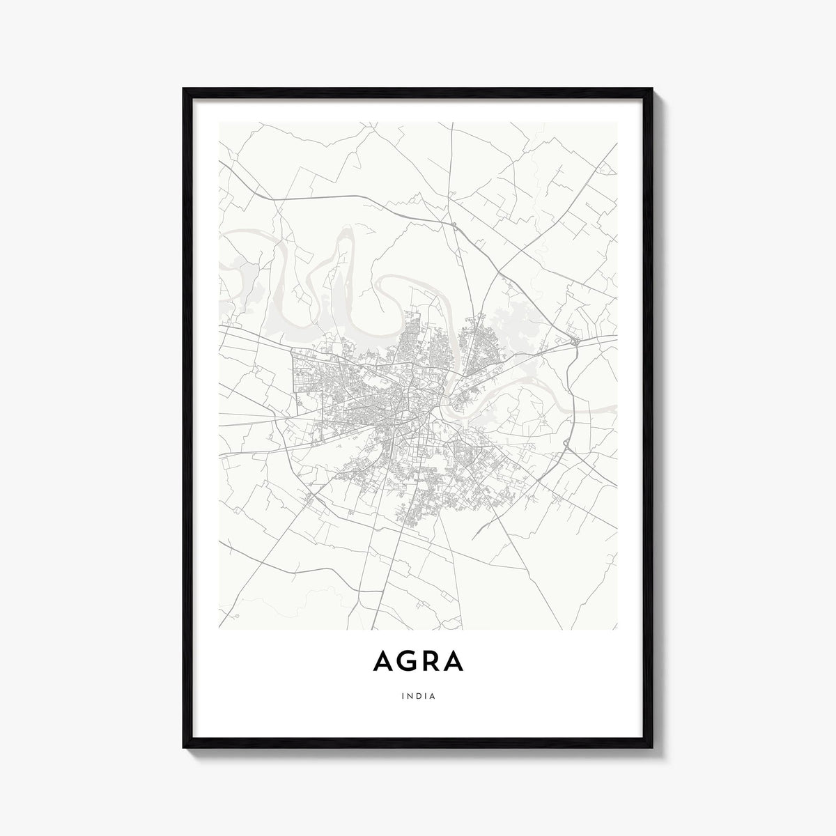 Agra black & white map poster of India – vertical wall art, unframed print shown in interior mockup