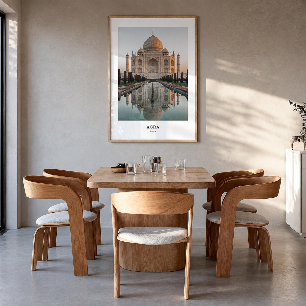 Agra colorful classic poster of India – vertical wall art in natural wood frame, hanging on wall