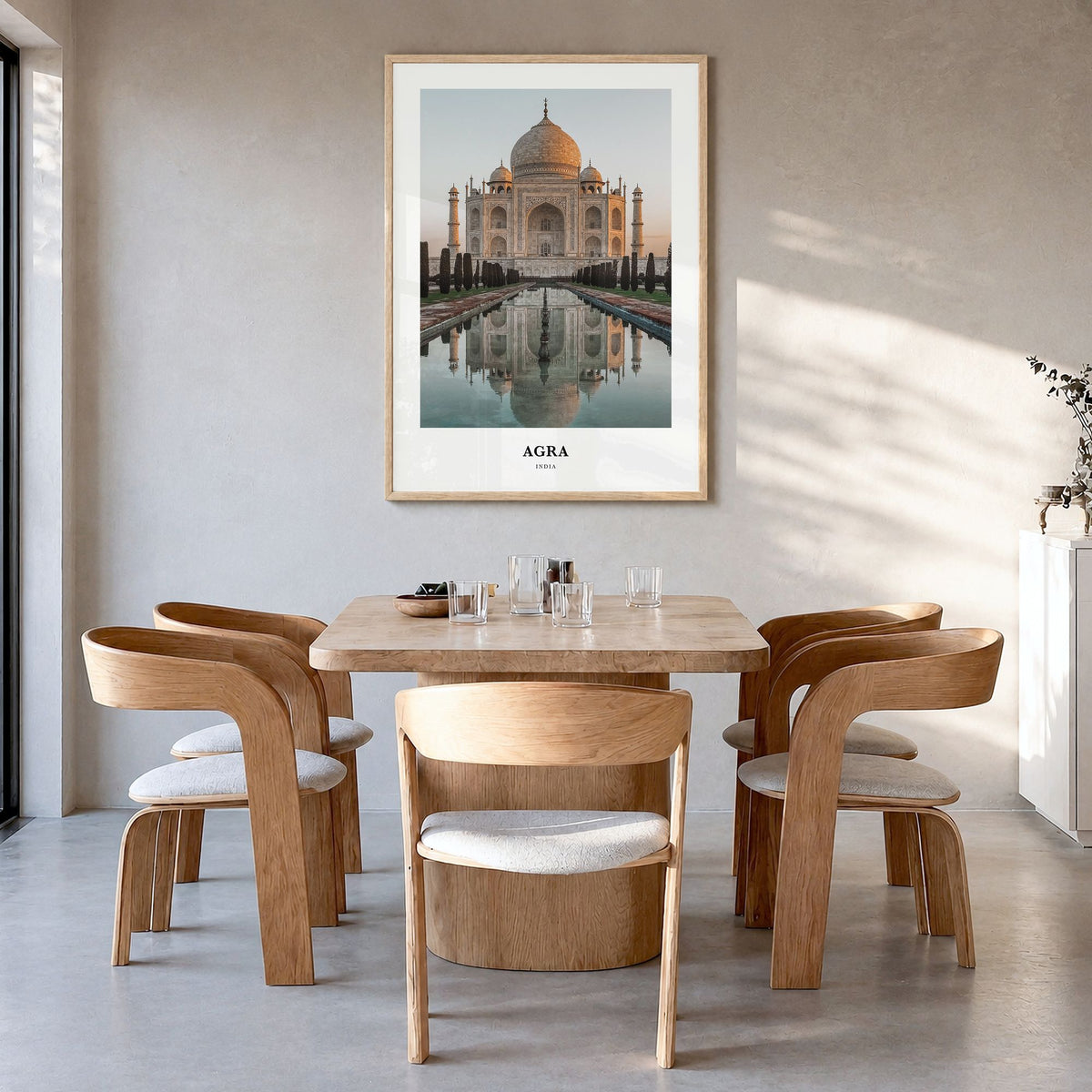 Agra Classic Poster in a natural wood frame, hanging in a dining room