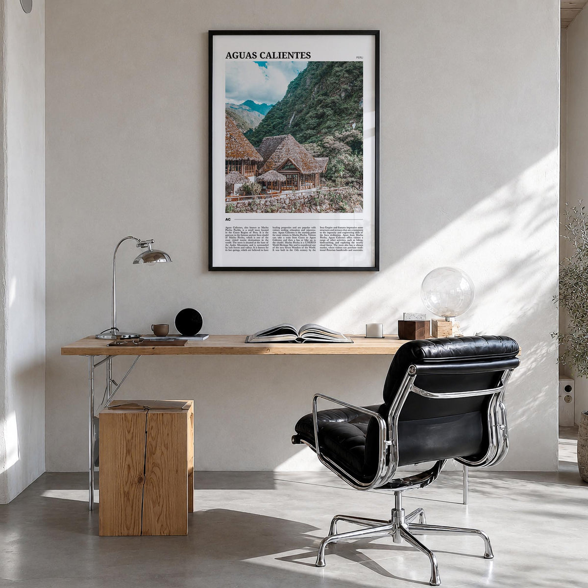 Aguas Calientes colorful travel poster of Peru – vertical wall art in black wood frame, hanging on wall