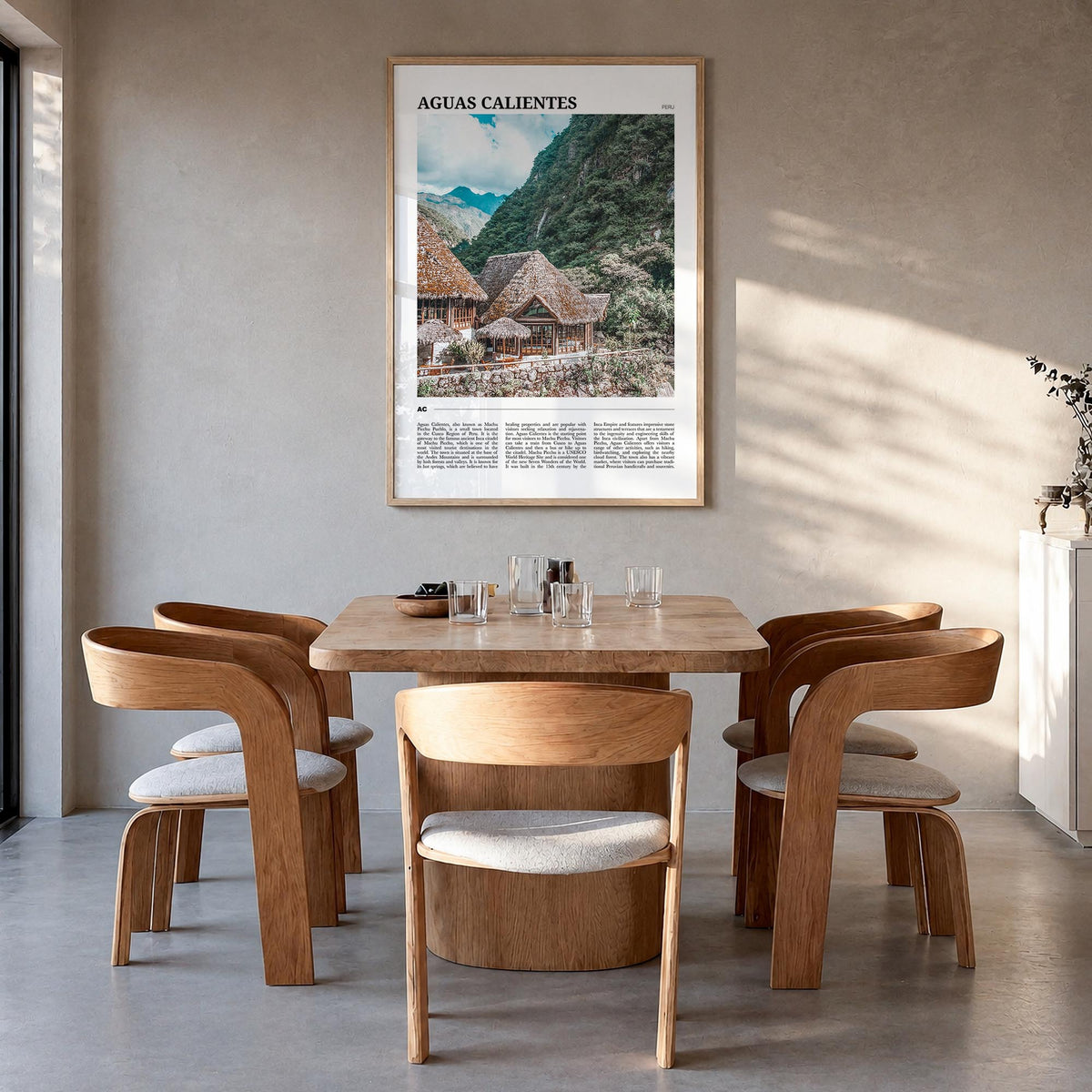 Aguas Calientes colorful travel poster of Peru – vertical wall art in natural wood frame, hanging on wall