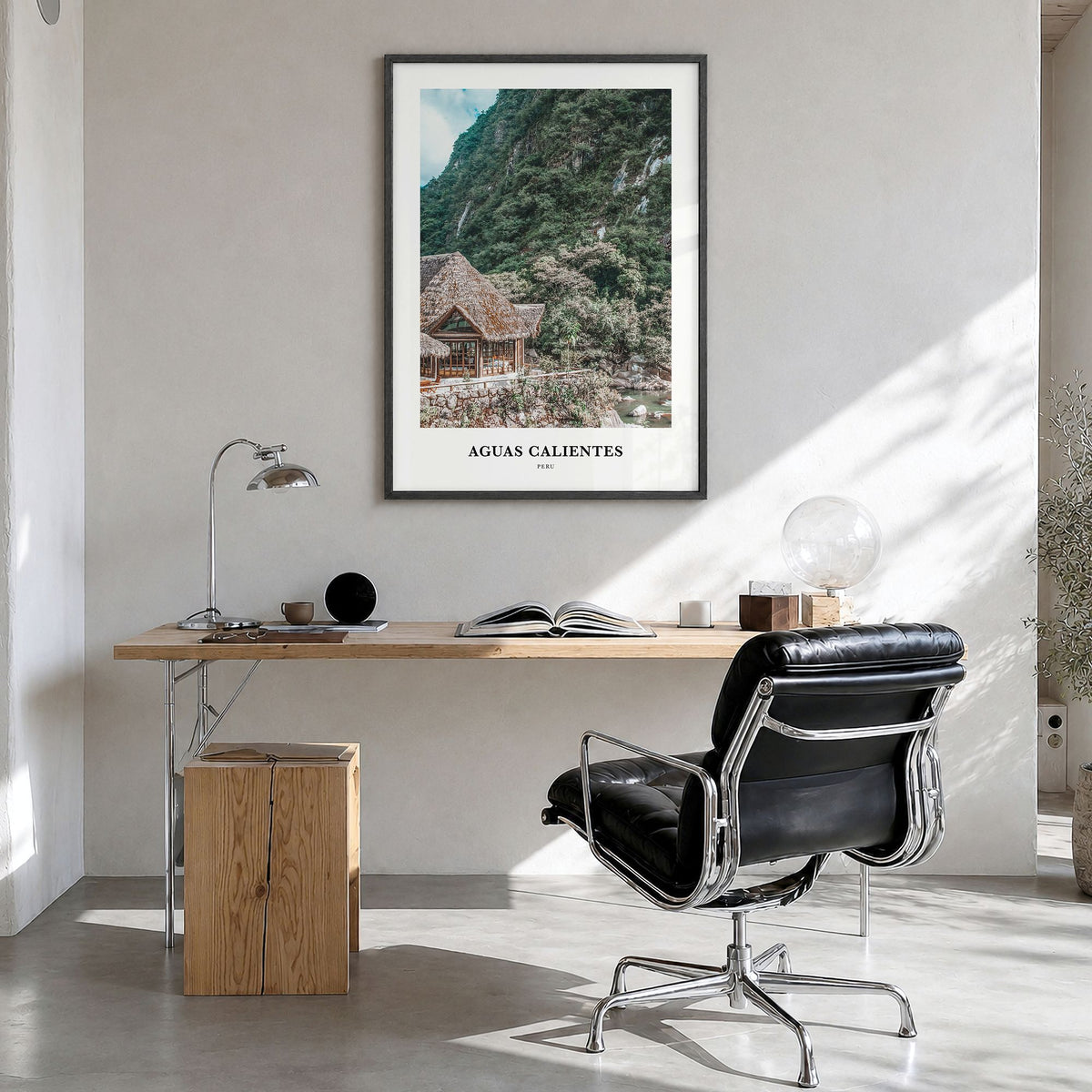 Aguas Calientes, Peru Classic Poster in a black wood frame, hanging in a bright home office