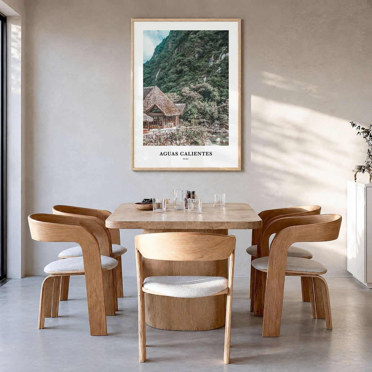Aguas Calientes, Peru Classic Poster in a natural wood frame, hanging in a dining room