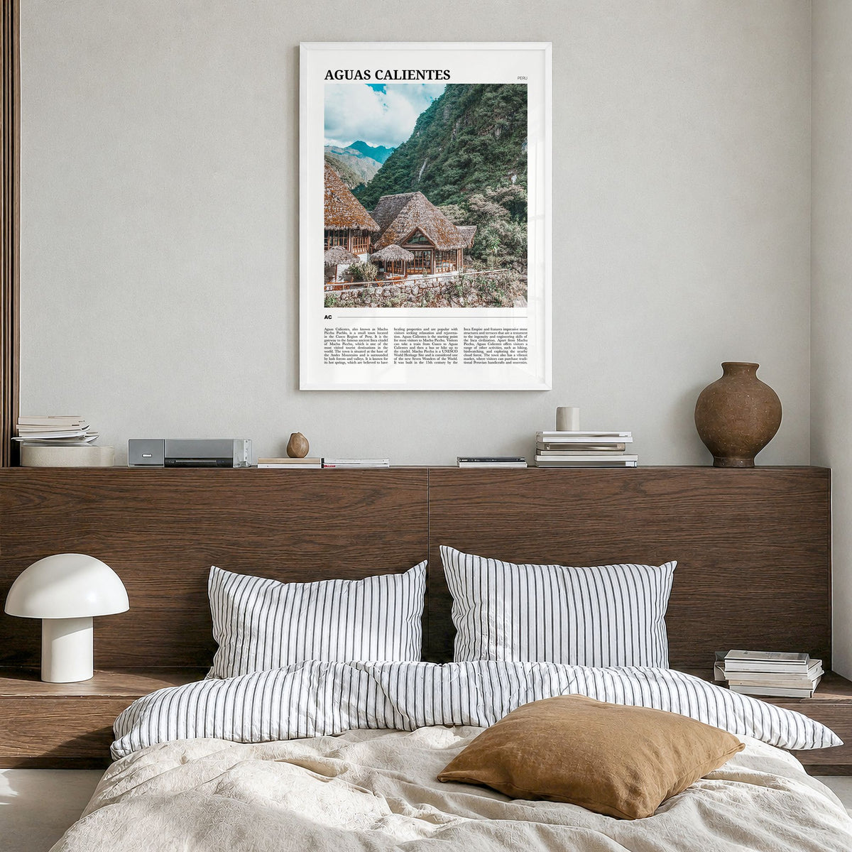 Aguas Calientes, Peru Travel Poster in a white wood frame, hanging in a bedroom