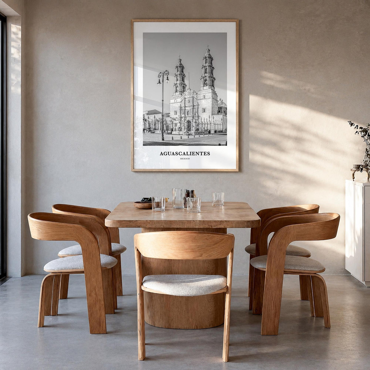 Aguascalientes black & white classic poster of Mexico – vertical wall art in natural wood frame, hanging on wall