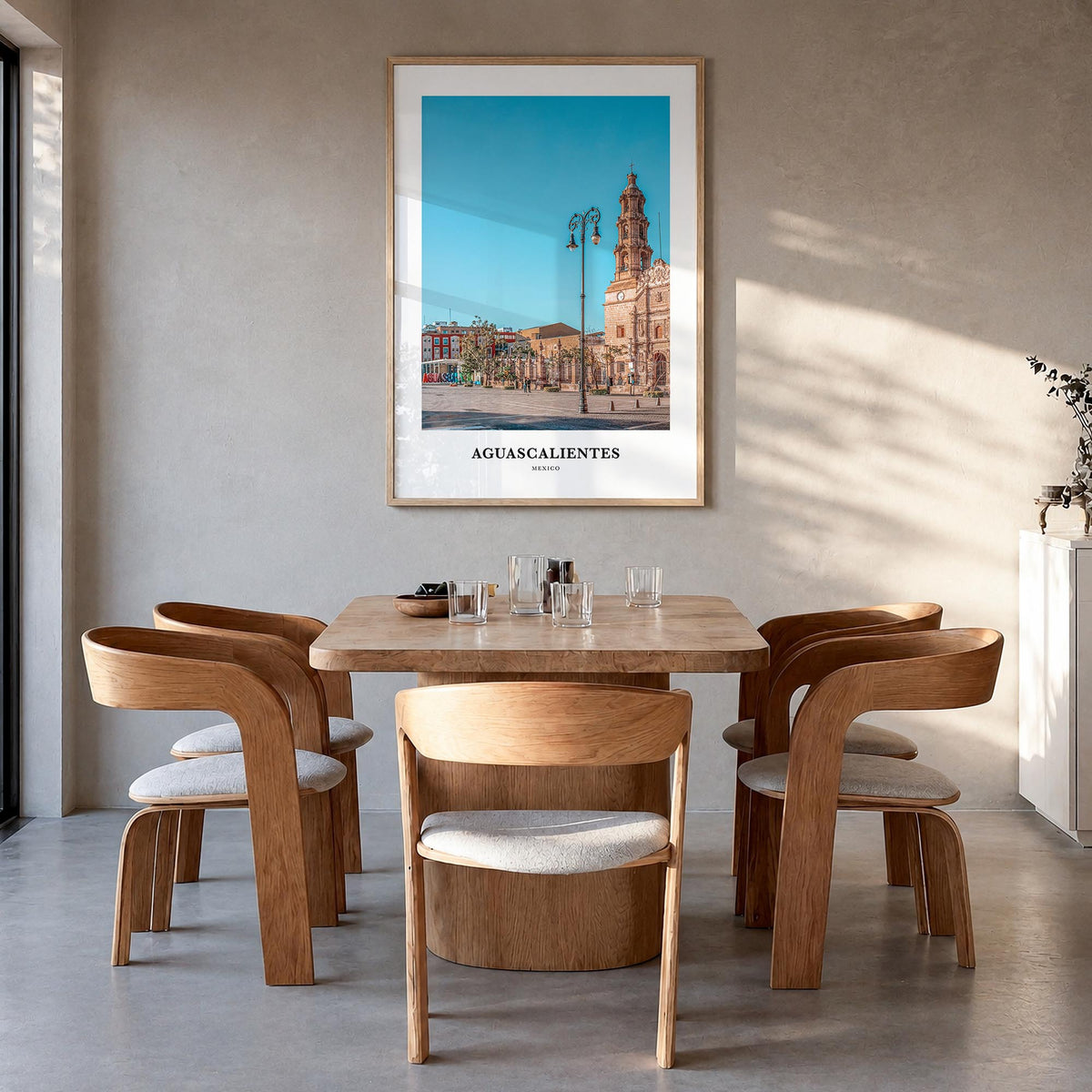 Aguascalientes colorful classic poster of Mexico – vertical wall art in natural wood frame, hanging on wall