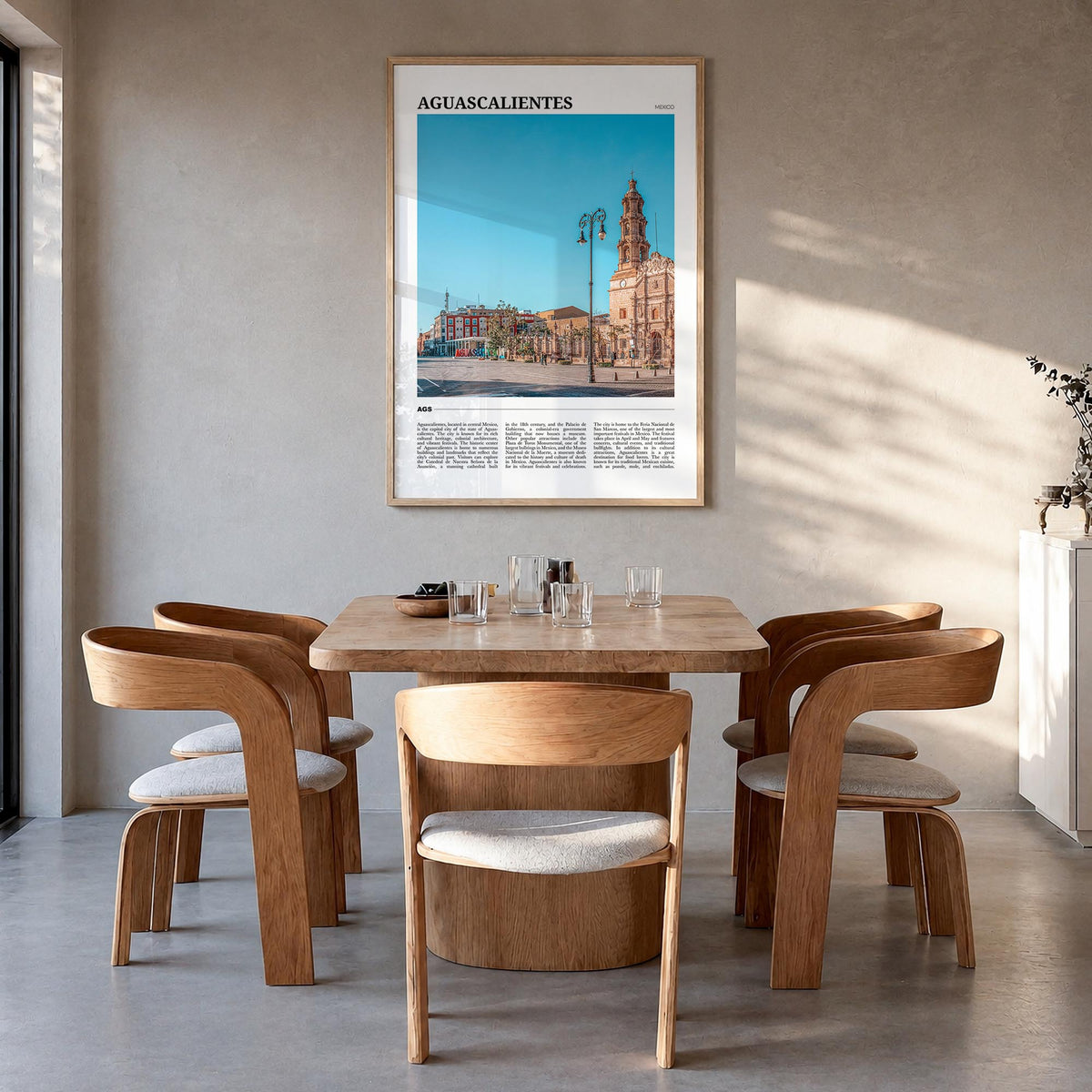 Aguascalientes colorful travel poster of Mexico – vertical wall art in natural wood frame, hanging on wall