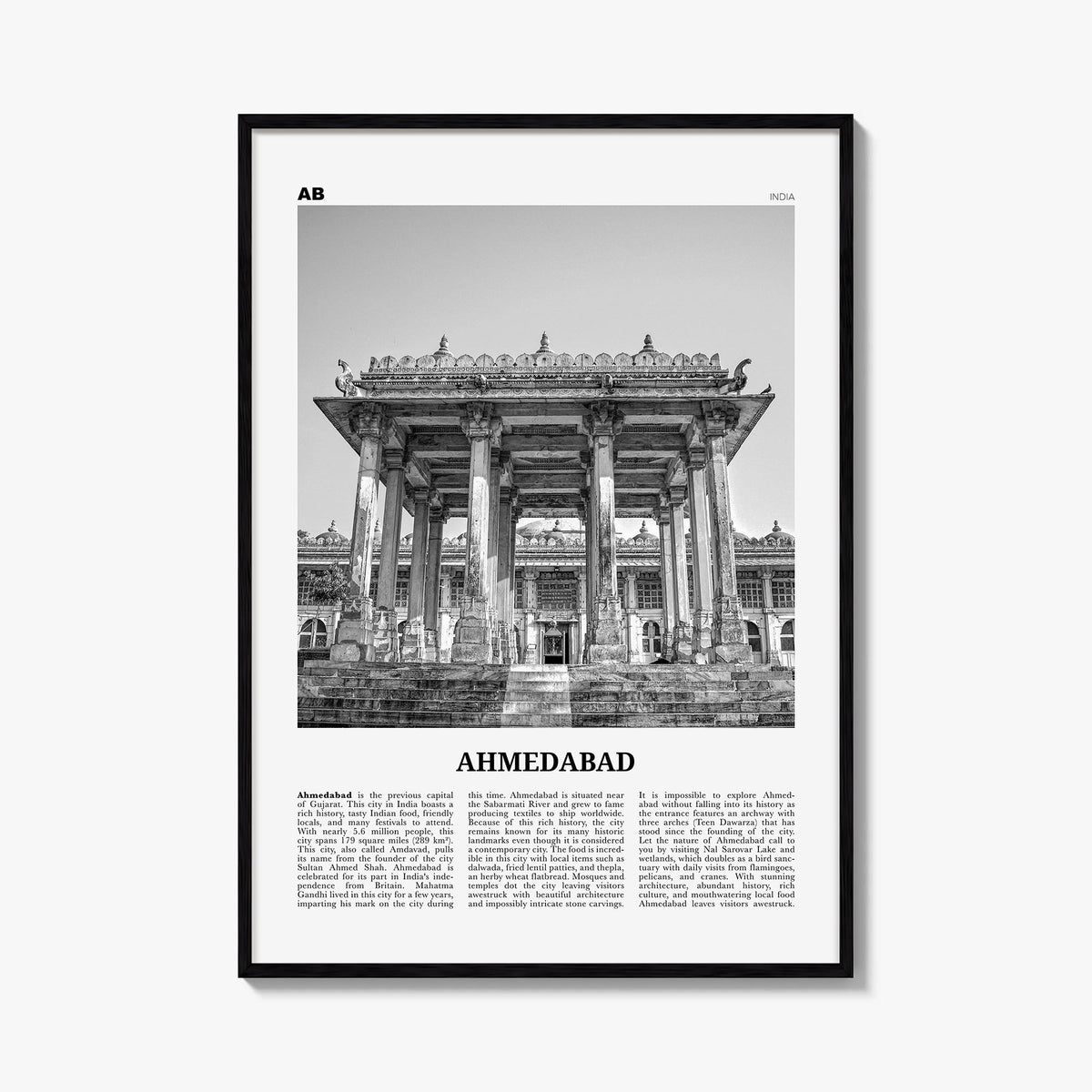 Ahmedabad black & white newspaper poster of India – vertical wall art, unframed print shown in interior mockup