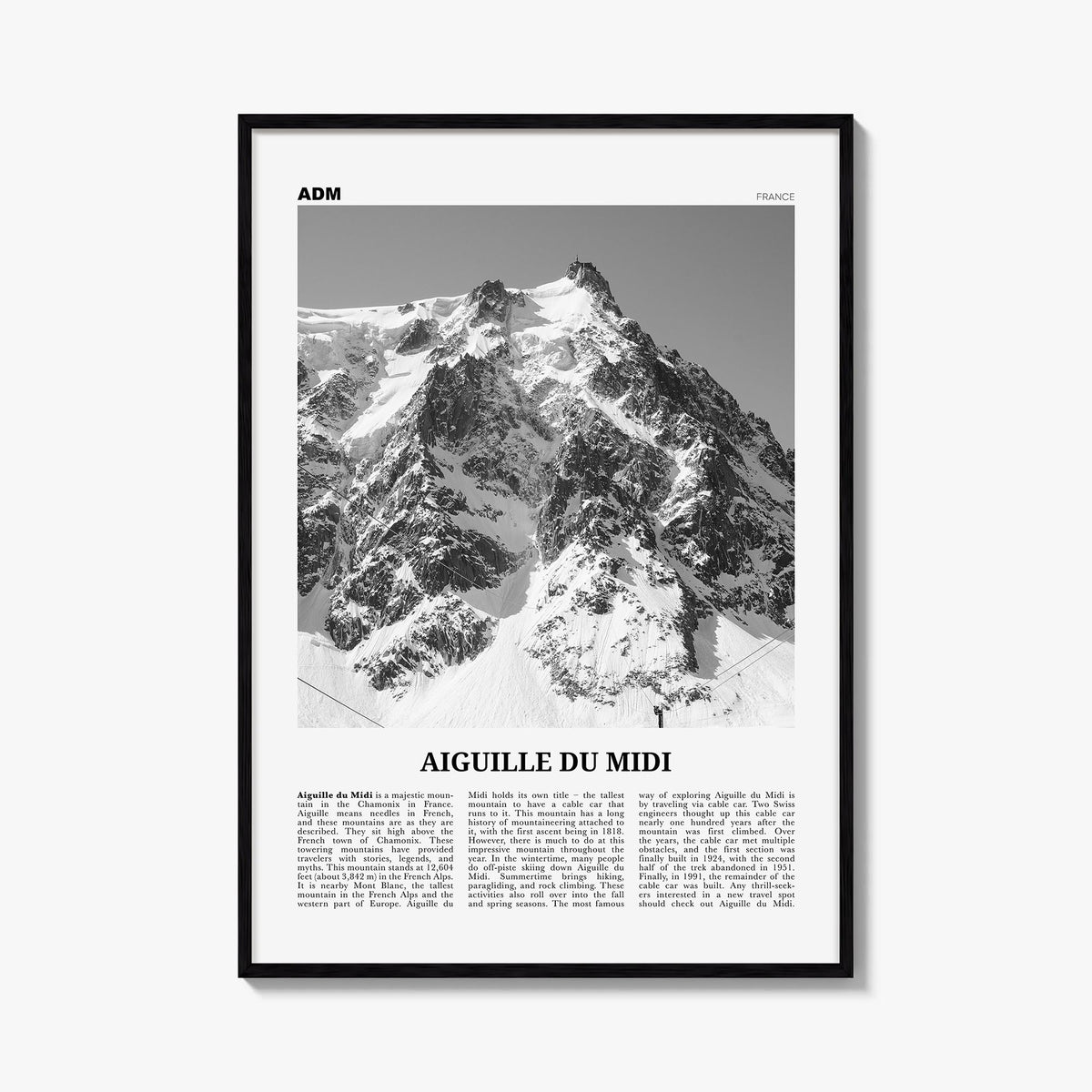Aiguille du Midi black & white newspaper poster of France – vertical wall art, unframed print shown in interior mockup