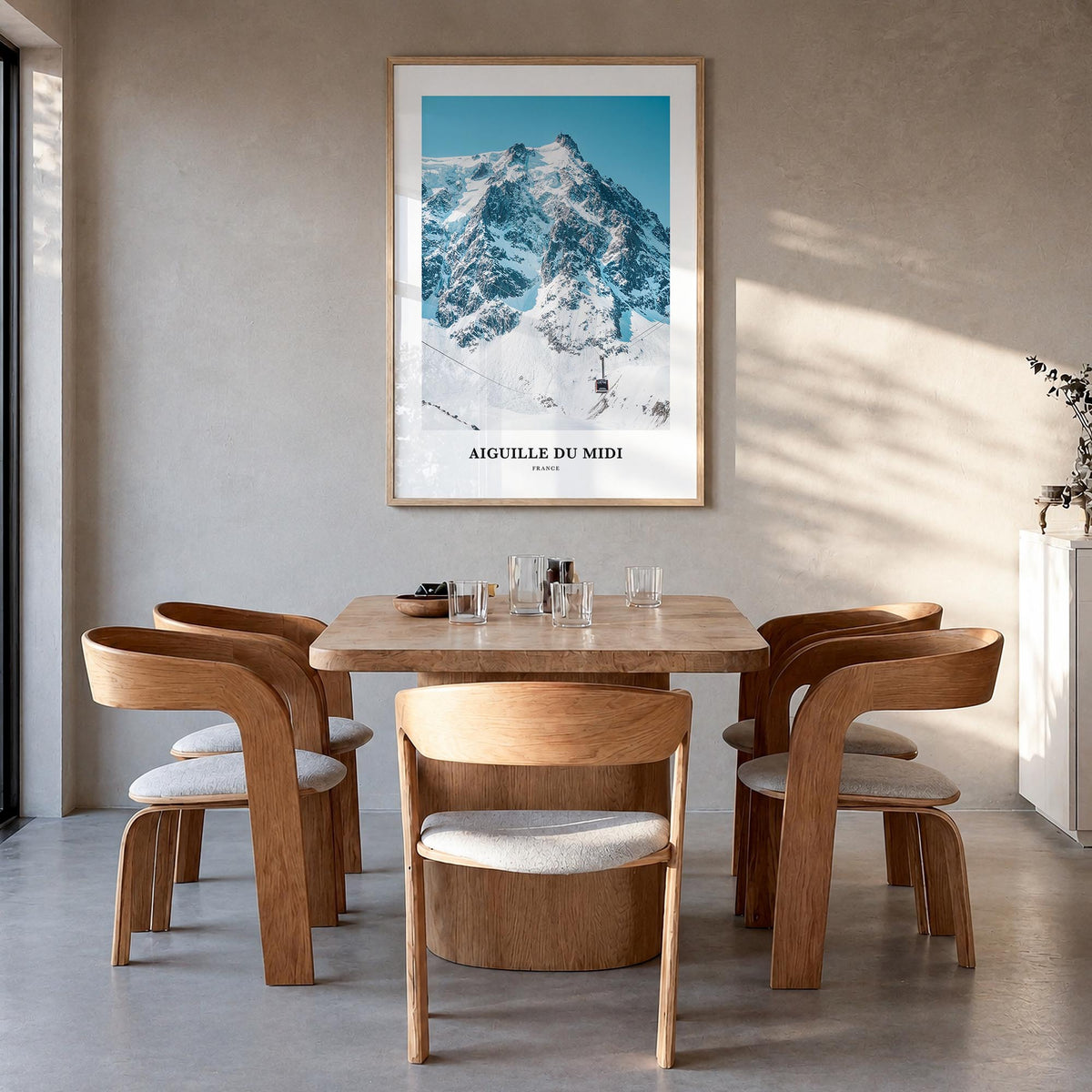 Aiguille du Midi colorful classic poster of France – vertical wall art in natural wood frame, hanging on wall