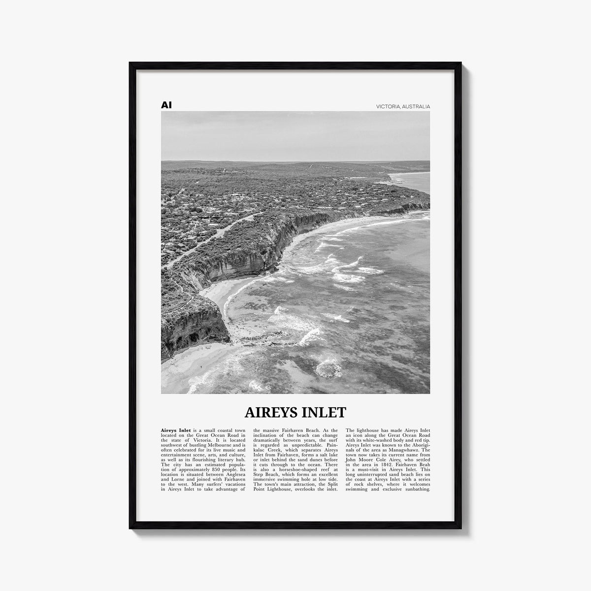 Aireys Inlet black & white newspaper poster of Victoria, Australia – vertical wall art, unframed print shown in interior mock