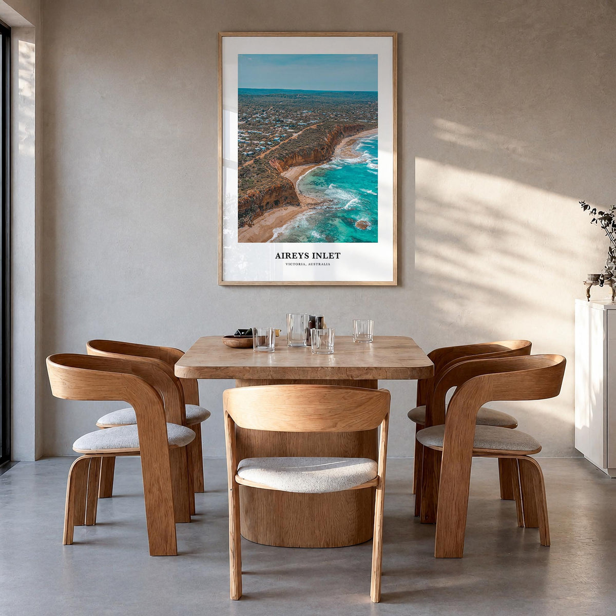Aireys Inlet colorful classic poster of Victoria, Australia – vertical wall art in natural wood frame, hanging on wall