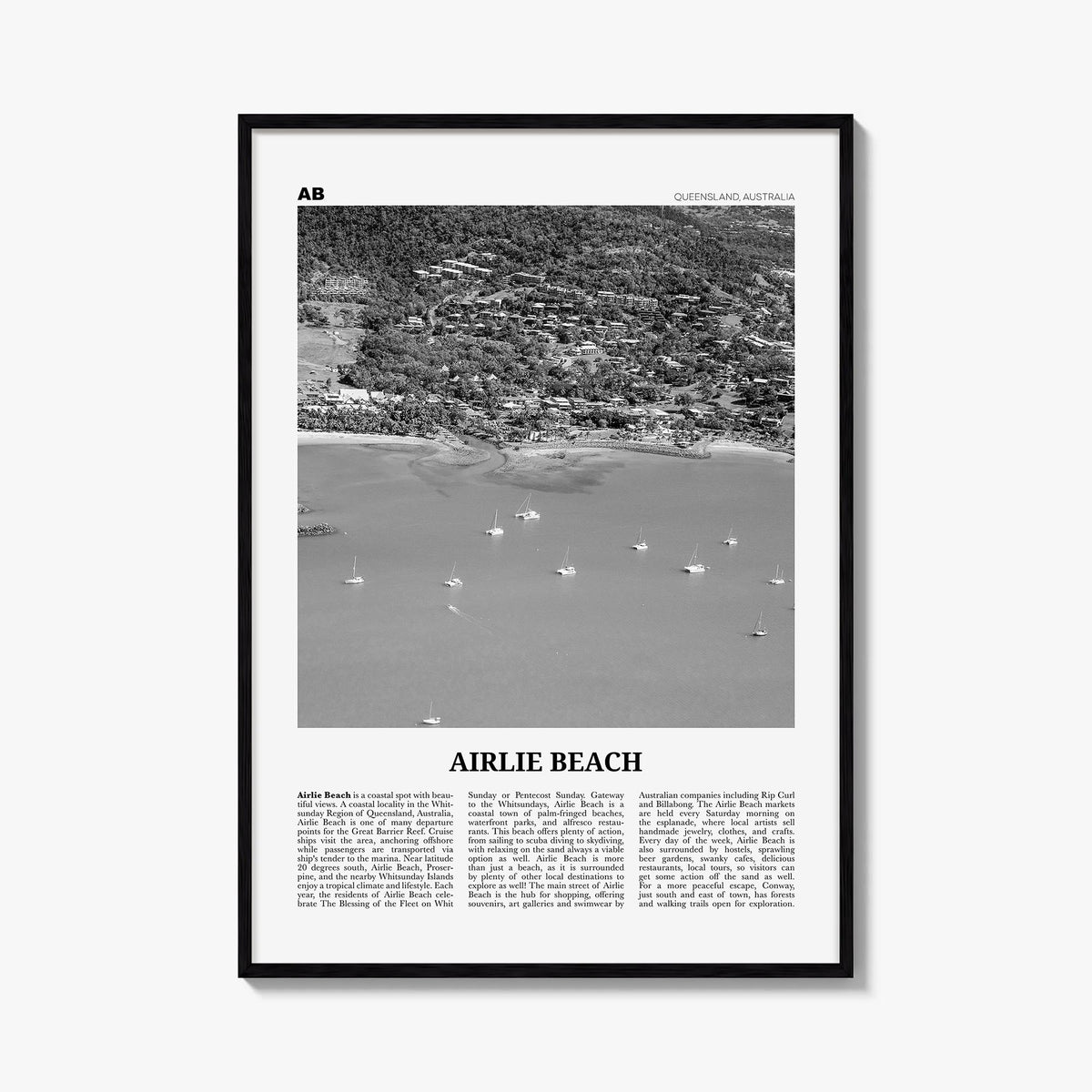 Airlie Beach black & white newspaper poster of Queensland, Australia – vertical wall art, unframed print shown in interior mo