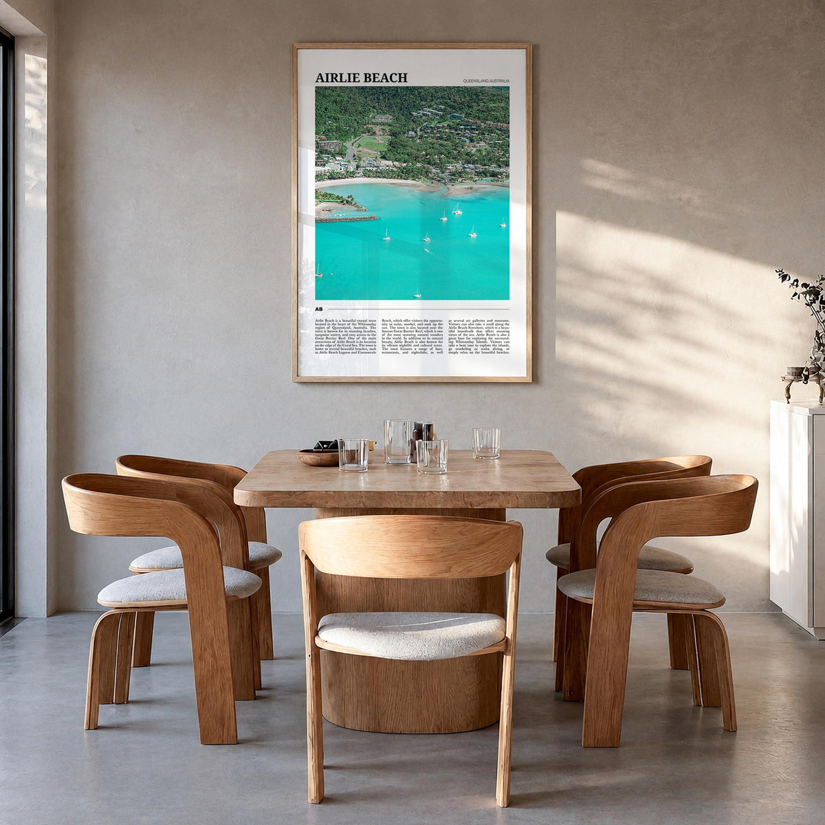 Airlie Beach colorful travel poster of Queensland, Australia – vertical wall art in natural wood frame, hanging on wall