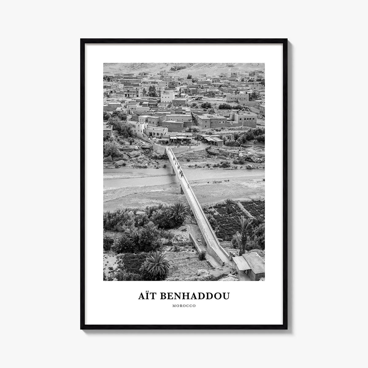 Aït Benhaddou black & white classic poster of Morocco – vertical wall art, unframed print shown in interior mockup
