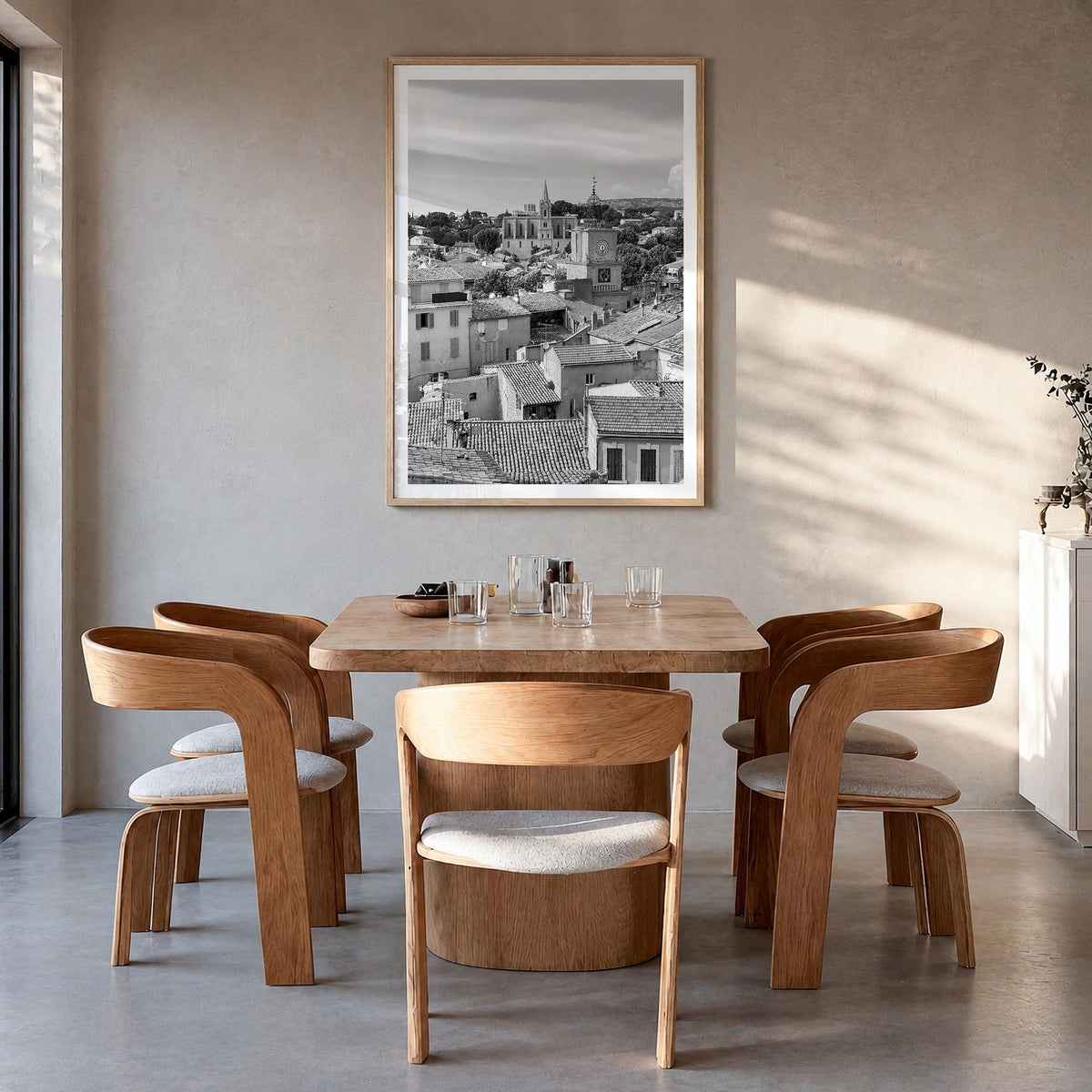 Aix-en-Provence black & white photo poster of France – vertical wall art in natural wood frame with white border, hanging on