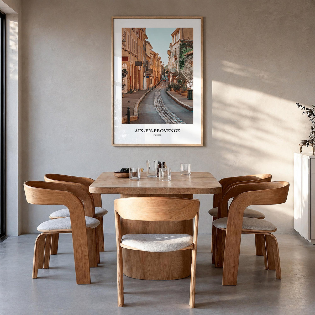 Aix-en-Provence colorful classic poster of France – vertical wall art in natural wood frame, hanging on wall